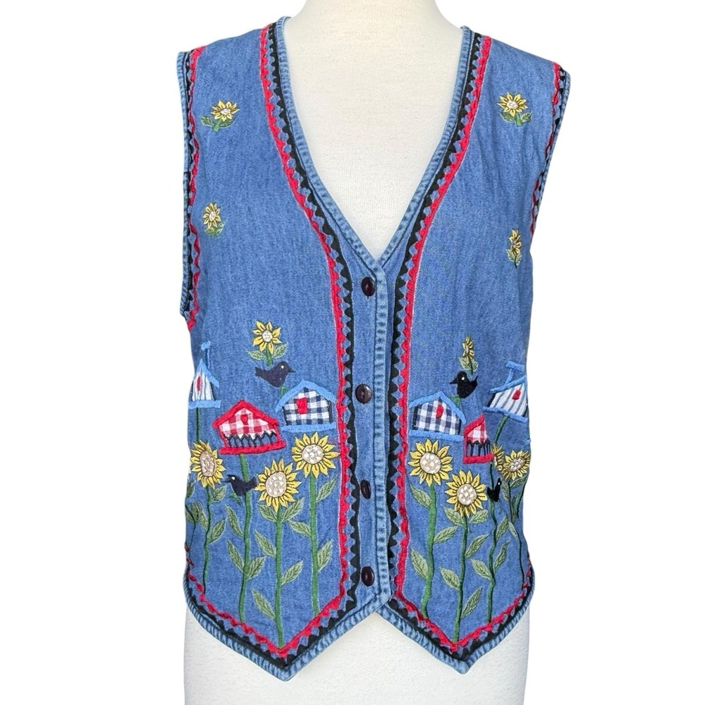 Vintage Floral Embroidered Denim Vest Boho Cottagecore Spring Blue Jean Small